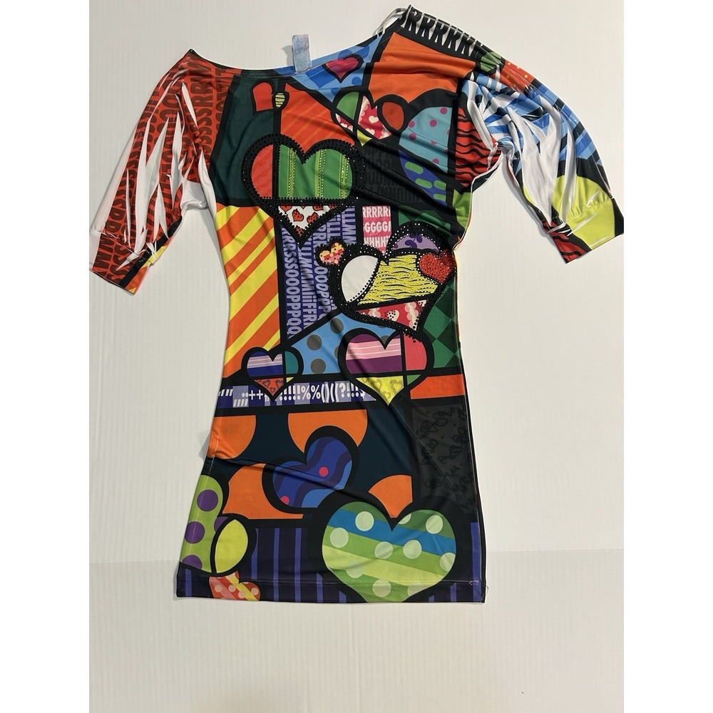 Voice Women's Pop Art Heart Print Bodycon Mini Dress Size M Colorful Retro Y2K